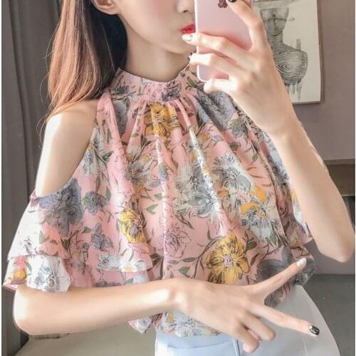Fashion Floral Ruffles Womens Shirts Off Shoulder Top Loose Chiffon Blusa Feminina Sweet Wild Elegant Blouse Summer DD2305