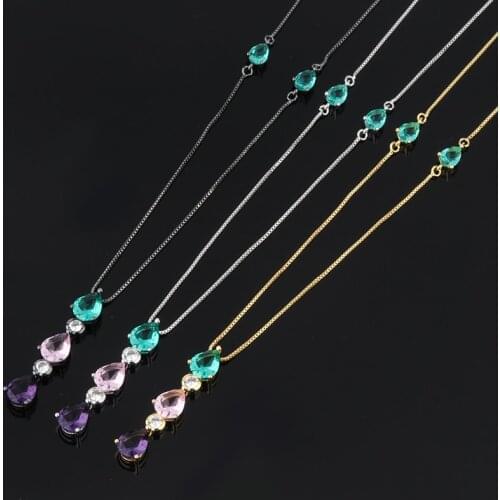 EYIKA Boho Style MultiColor Water Drop Crystal Zircon Long Pendant Necklace for Women Gold Black Silver Color Clavicle Chain