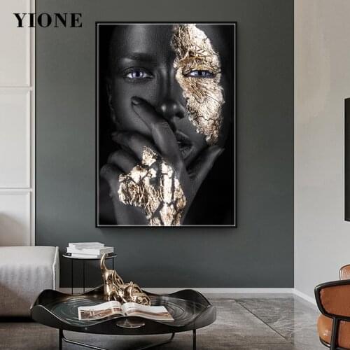 Black Gold Woman Face Painting Modern Luxury African Art Canvas Posters Prints Wall Pictures for Girl Room Bedroom Home Decor