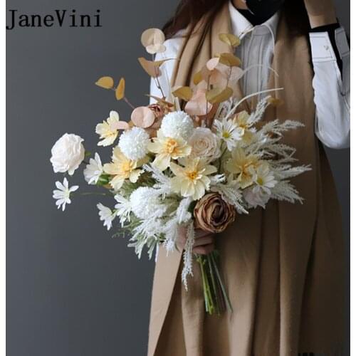 JaneVini Ins New Design Silk Bride Flowers Artificial Wedding Bouquet Fleur 2021 White Champagne Rose Vintage Bridal Bouquets