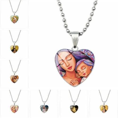 Global Moms Love Vintage Christ Jesus Oil Painting Love Heart Necklace Jewish Time Mothers Day Gift Art Necklace jewelry