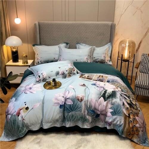Classic Oriental Flowers peacock pattern Printed Duvet Cover Luxury 1000TC Egyptian Cotton Vibrant Bedding Set 4Pcs Queen King