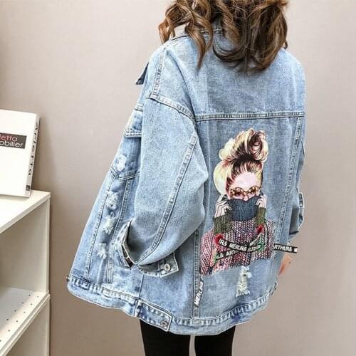 Streetwear Style Print Womens Denim Jacket Coat Ripped Hole BF Jeans Outwear Female Spring Autumn Casual Loose Cowboy Outwear