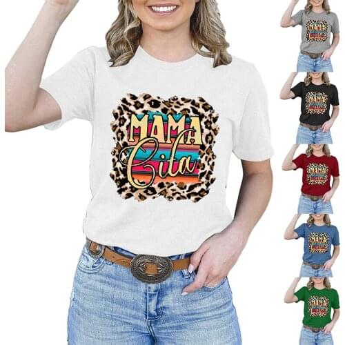 Summer New Fashion Round Neck Ladies Top MAMA Leopard Print Letter Printing Casual Loose Short-Sleeved T-Shirt Women Clothing