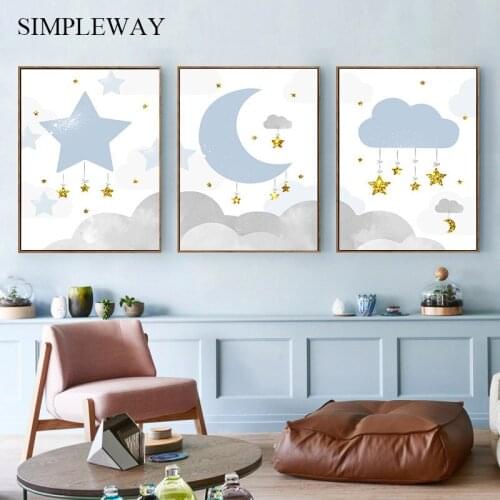 Moon Clouds Cartoon Canvas Poster Nursery Print Blue Star Wall Art Painting Nordic Kid Decorative Picture Baby Boy Bedroom Decor