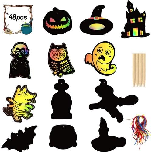 METABLE 48Pcs Art Craft Halloween Scratch Rainbow Magic Scratch Castle Pumpkin Ghost Bat Ornament With Wooden Stylu