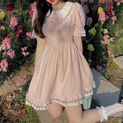 Lolita Kawaii Lace Dress Women Soft Girl Pink Cute Peter Pan Collar Princess Wrap Mini Dress Summer Japanese Sweet