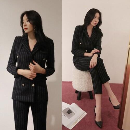 Fashion double-breasted OL striped long-sleeved small suit nine pants suit female Slim professional overalls dress two-piece