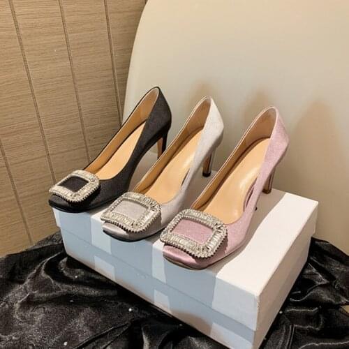 Ochanmeb Brand Designer Shiny Rhinestone Charm Satin High Heels Pumps Sheepskin Leather In Shoes Women Party Wedding Bride Shoe