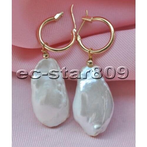 P6650 28mm White Baroque Keshi Reborn PEARL Dangle Earring Women Fine Jewelry