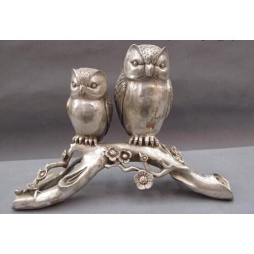 Song voge gem S0261 China White Copper Silver Lucky nighthawk bird of Minerva owl on Branches Statue