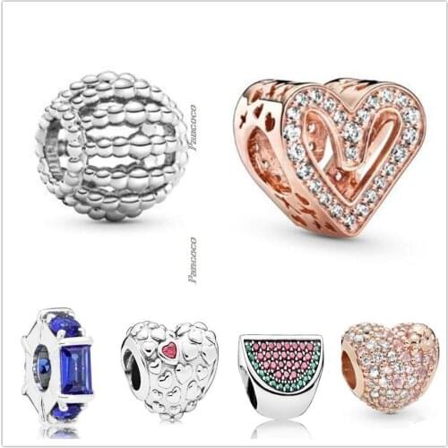 Authentic 925 Sterling Silver Rose Sparkling Freehand Heart With Crystal Charm Beads Fit Pandora Bracelet & Necklace Jewelry