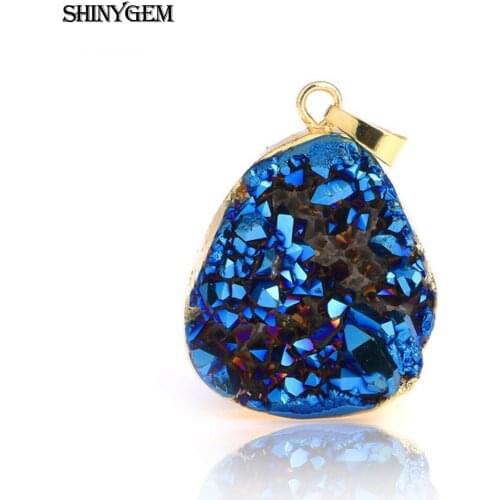 Shinygem 20-40mm Irregular Natural Sparkling Druzy Crystal Chakra Pendant Gold Plating Bezel Charm DIY Jewelry Making Necklace