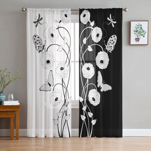 Black And White Flower Dragonfly Butterfly Sheer Curtain for Living Room Bedroom Modern Tulle Window Treatment Home Decor
