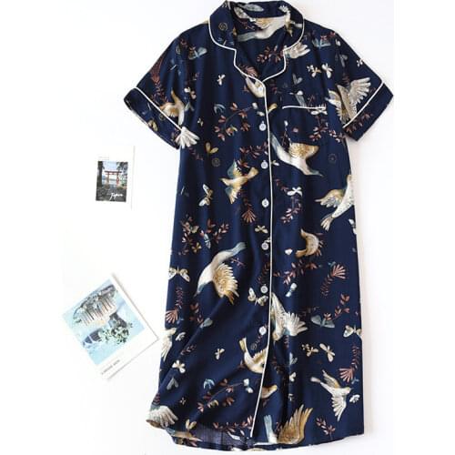 Shirt Short-sleeved Ladies Lapel Rayon Nightdress Cotton Silk Summer Cool Feeling Loose Front Button Home Dress Umstandsmode
