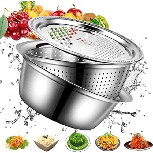 3 in 1 Stainless Steel Drain Basket Vegetable Cutter Cheese Grater Vegetable Fruit Rice Food Washing Bowl Strainer Set