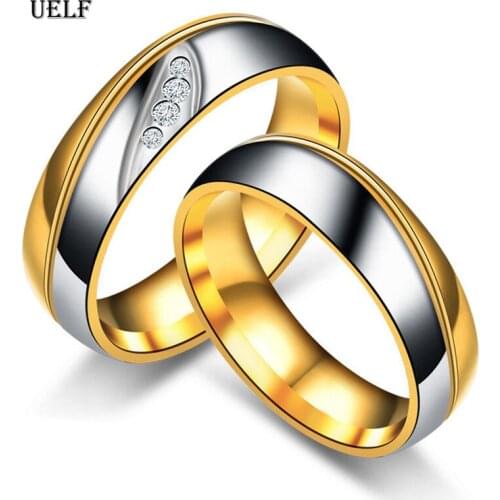 Uelf Trendy Wedding Bands Rings for Women / Men Love Gift Gold-color Stainless Steel CZ Promise Couple Jewelry