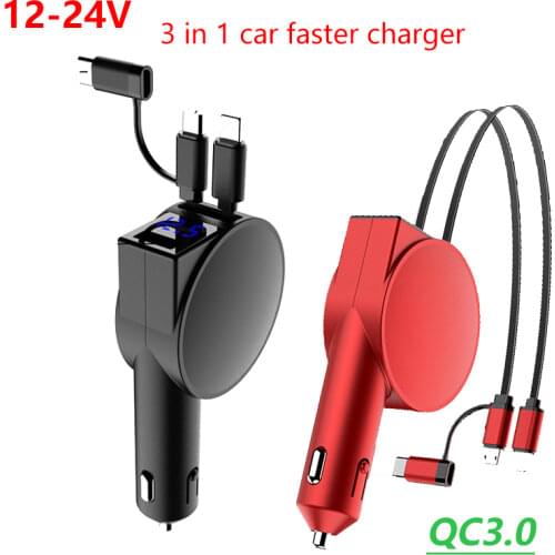 Car Charger USB 3 in 1 40 W 80 CM Multi Retractable Cord Super Fast Charge For Huawei IOS Type-c Micro Port USB Universal