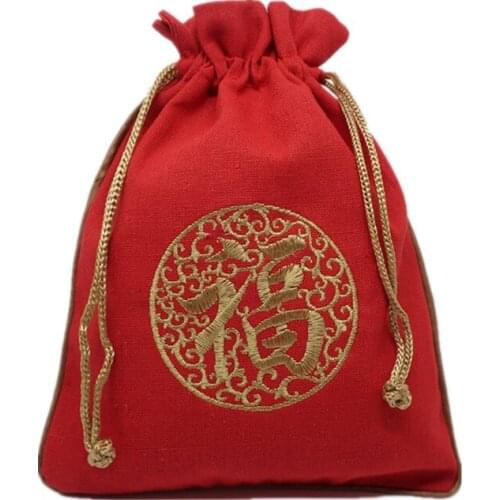 Embroidery Chinese Fu Large Linen Gift Bags Drawstring Packaging Christmas Birthday Party Storage Pouch Wedding Party Favor Bags