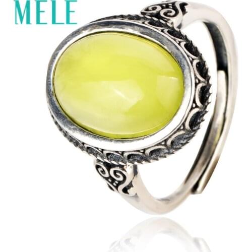 MELE Natural Yellow Prehinte 925 sterling silver rings for women and man,10X14 Oval cut Vintage carving style fashion jewelry