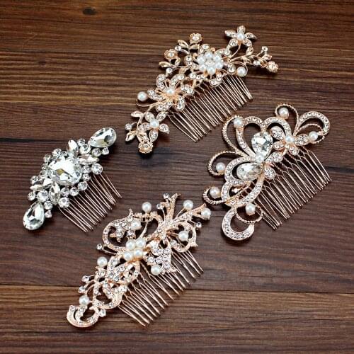 Rose Gold Hair Jewelry Butterfly Crystal And Pearl Bridal Hair Comb Clip Rhinestone Headdress Flower Combs For Women Wedding