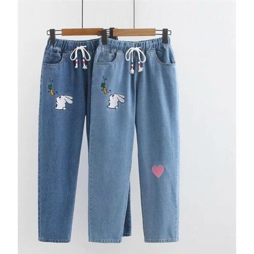 2020 Fashion Student clothing Jeans Cartoon Embroidery Denim Pants Women Elastic waist Casual Pants Straight Pants Girl KW121
