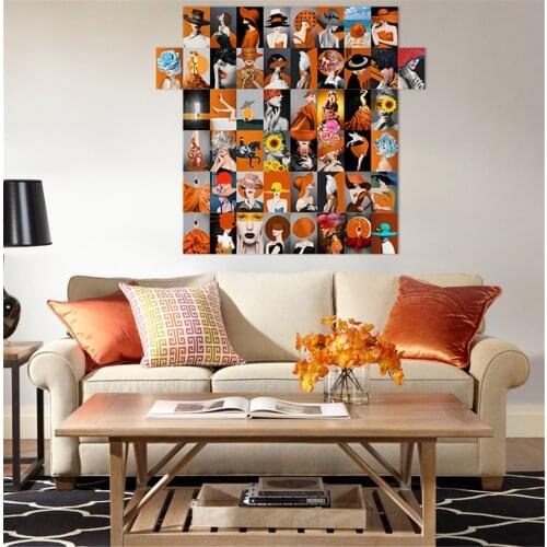 50Pcs Nordic Style Orange Theme Photos Postcard Wall Paper Characters Landscape Series Picture Wall Collage Set Home Decorative