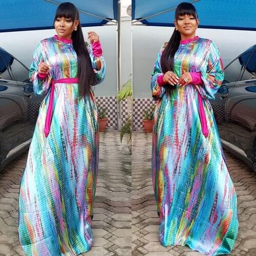 African Dress Dashiki Printed Multicolor Abaya For Women Female Casual Loose Africa Clothes Maxi Robe Satin Belt Ladies Fashion