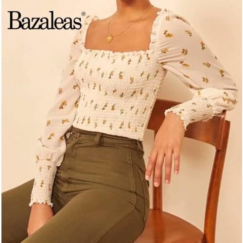 Bazaleas Elegant square neck blouse Fashion Elastic Women blouse Long Sleeve Women tops Cream Floral Print Women Tee