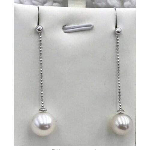 Free shipping charming 9-10mm SouthSea dangle white pearl long earring 925 silver