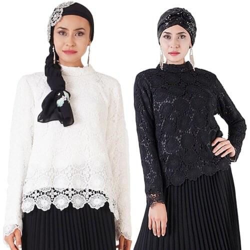 Muslim Women Long Sleeve Blouse Lace High Collar Casual Islamic Ladies Tops Casual Elegant OL Style Lace Tops Arab 2019 Autumn
