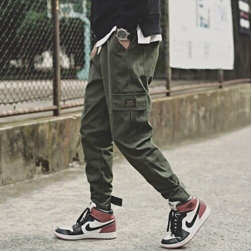 2020 Mens Side Pockets Cargo Harem Pants Fashion Ribbons Black Hip Hop Casual Male Joggers Trousers Fashion Streetwear Pants