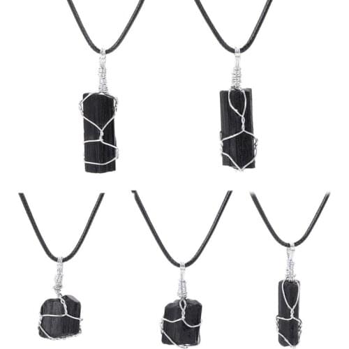 Black Tourmaline Crystal Pendant Fashion Clavicle Chain Wire Wrap Necklace Healing Crystal Reiki Pendant Necklace for Women Men