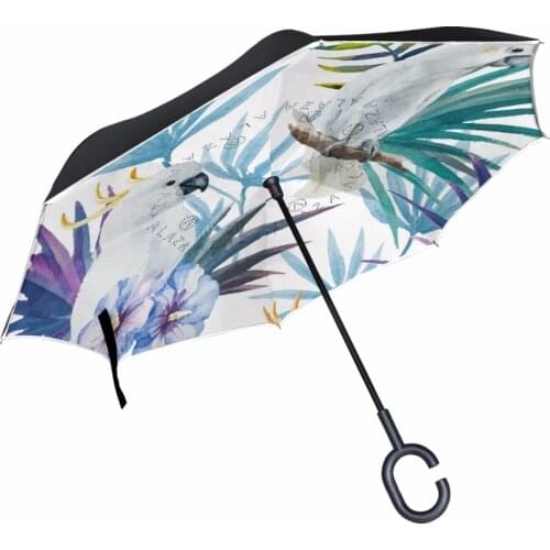 Parrot Drawing Double Layer Reverse Umbrella Inside Inverted Upside Down Windproof Car Umbrella Self Standing
