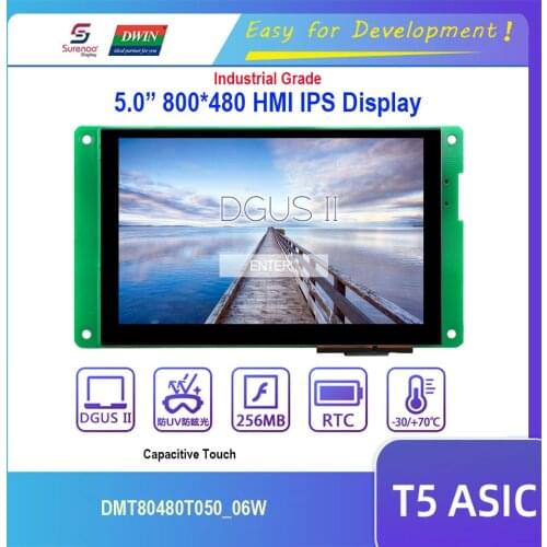 Dwin T5 HMI Display, 5.0" 800X480 DMT80480T050_06W RS232 TTL LCD Module Screen with Resistive Capacitive Touch Panel