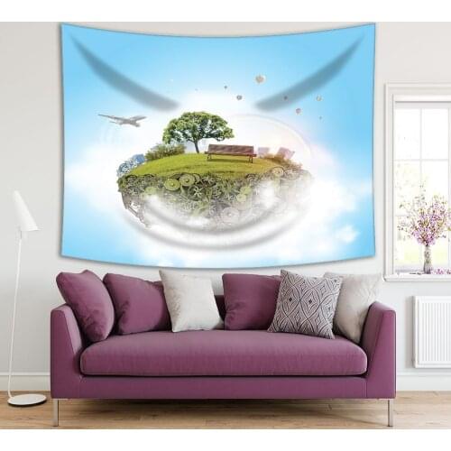 Tapestry Tree Floating Island Hot Air Baloon and Plane in the Sky Eco Healthy Modern Life Concept Art Blue Green