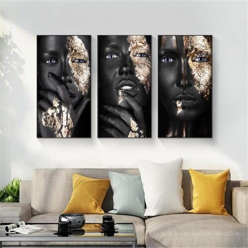 African Art Black and Gold Woman Oil Painting on Canvas Cuadros Posters and Prints Scandinavian Wall Art Picture for Living Room