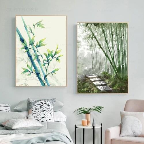 Chinese Bamboo Poster Watercolor Fresh Green Plant Canvas Art Painting Modular Wall Picture for Living Room Home Decoration