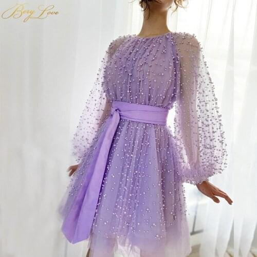 Short Purple Pearls Prom Dresses New Tulle Party Dress A Line Gown Scoop Neck Evening Dress Long Sleeves Satin Belt Girl Gowns