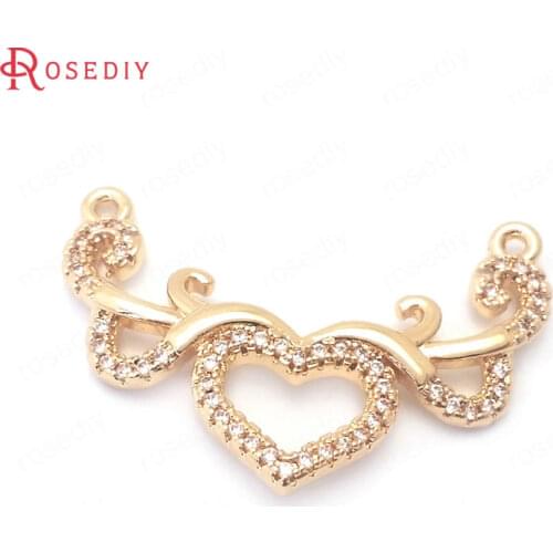 38877)4PCS 20x30MM 24K Champagne Gold Color Brass and Zircon Heart Shape Connect Charms Pendants Jewelry Making Diy Accessories