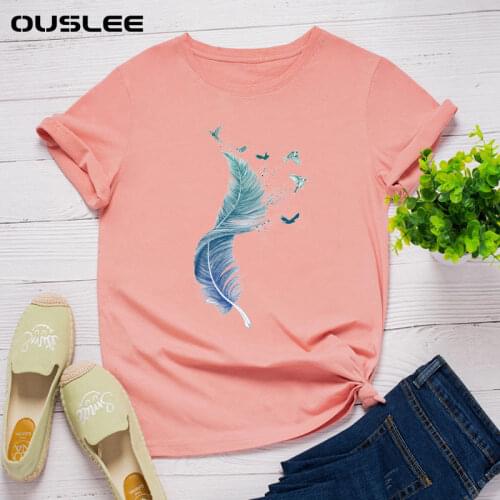 Ouslee Summer Women Plus Size Clothing S-5XL T-Shirt Cute Feather Print 100% Cotton O-Neck Short Sleeve Tee Oversized Black Tops