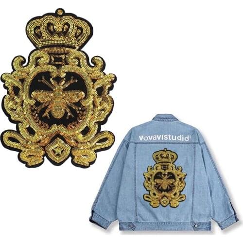 Hot DIY New Gold Sequins Crown Bee Patches Embroidery Applique Sew on Clothing Crafts Scrapbooking