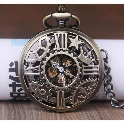 5pcs Unique Newest Machine Wheel Gear Mechanical Pocket Watch Roman Numerals Skeleton Pocket&Fob Watches