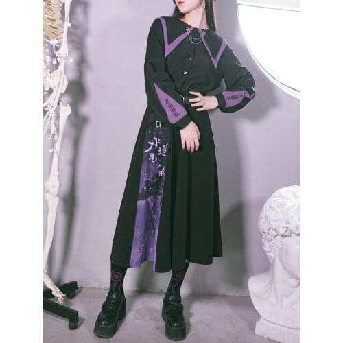 New Autumn Women Preppy Style Fashion Punk Gothic Girls Harajuku Black Skirt Purple Printing Pleated Long Skirts Suit
