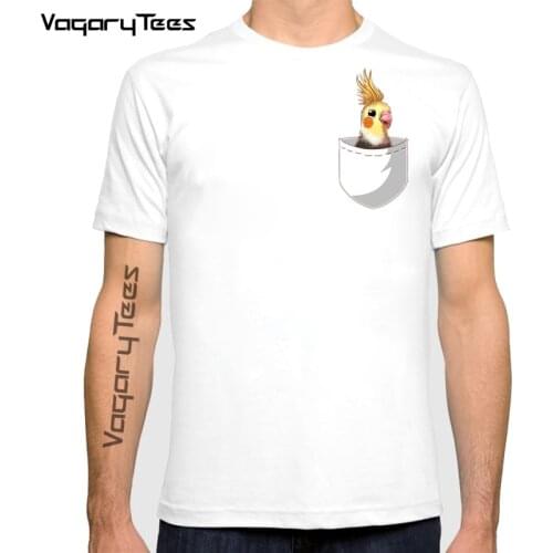 VagaryTees Mens Novelty Creative Pocket Design T-Shirt Cockatiel Parrot Print T Shirt Summer Geek Style Tops Tees Homme