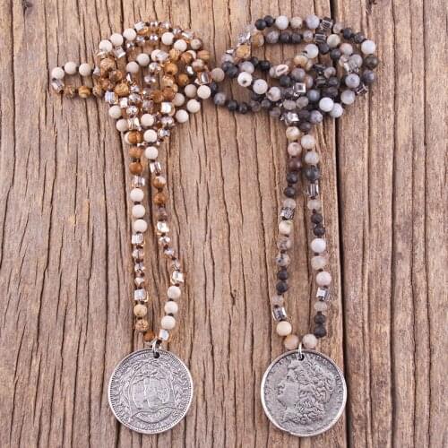 RH Fashion Bohemian Jewelry Accessory 6mm Stones Knotted Metal Round Pendant Necklace Women Boho Gift Dropship