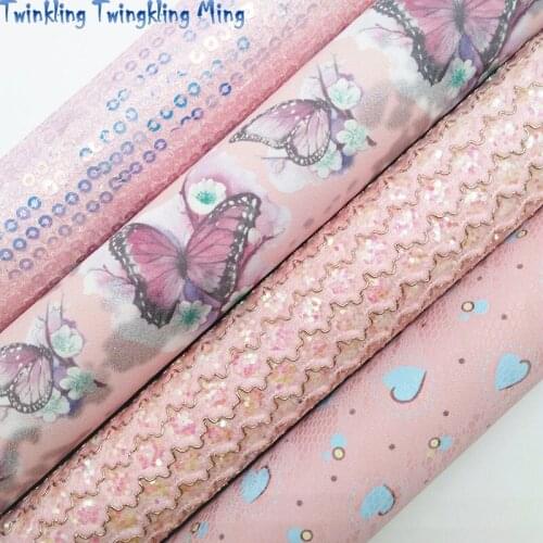 Pink Mesh Glitter leather, Hearts Butterfly Printed Faux Fabric Synthetic Leather For Bow A4 21x29CM Twinkling Ming KM282