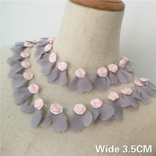 3.5CM Wide Beautiful 3d Flowers Petals Chiffon Lace Fabric Applique Collar Neckline Trim Decor Wedding Dress Guipure Sewing