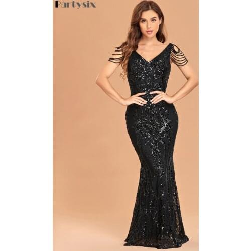 Partysix Sexy V Neck Sexy See Through Sequin Dress Sleeveless Long Prom Maxi Dress Women Backless Evening Party Dress Black