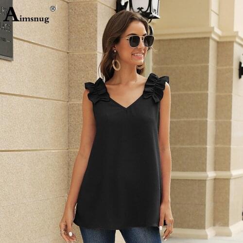 2020 Summer Women Elegant Leisure Casual Top Ladies Sleeveless T shirt V-neck Ruched Shoulder Ruffles Trim Black Red Tee Shirts